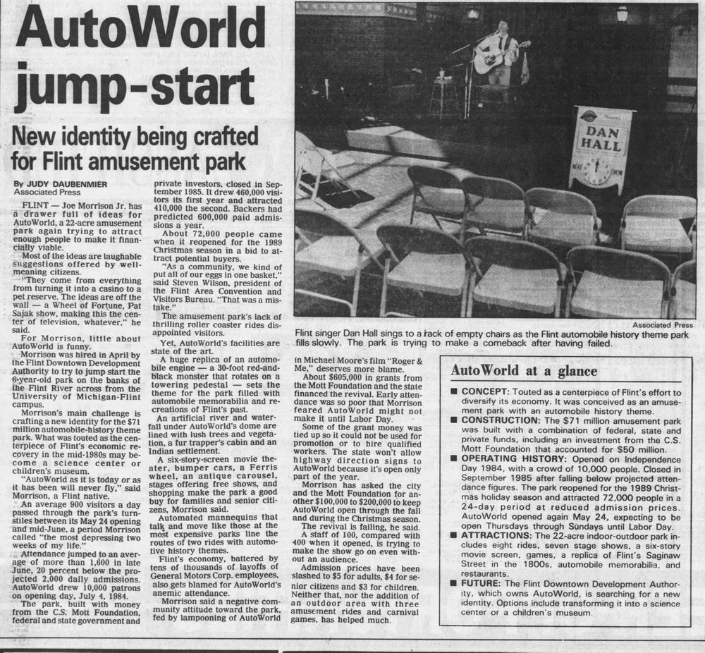 AutoWorld (Six Flags AutoWorld) - July 9 1990 Article On Redevelop Ideas